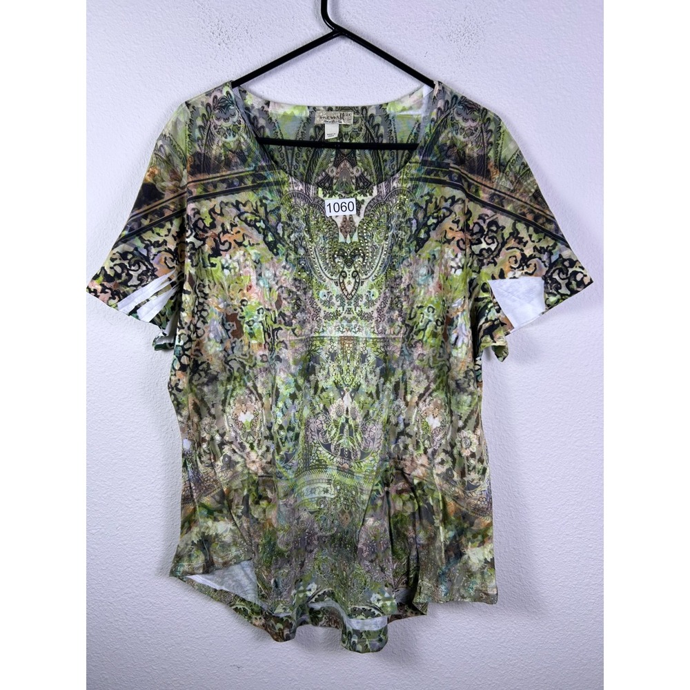 One World Live and Let Live Green Paisley Studded Top 2X Short Sleeve Blouse